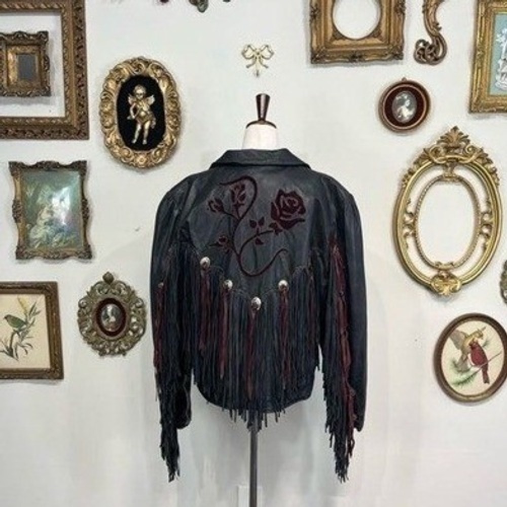 Vintage Dallas Leather Western Fringe Jacket‎ with Velvet Rose Appliqué